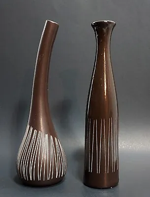 Two Larry Laslo Royal Haeger Pottery Vases Brown W/ Carved White Lines  • $85