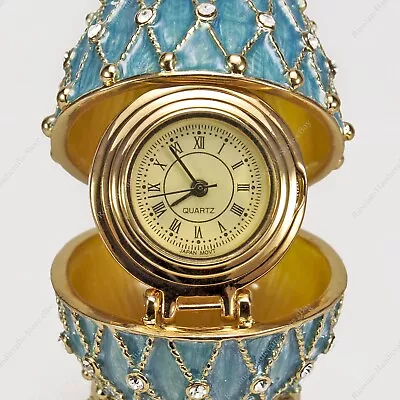 2 1/3'' Easter Enameled Egg With Clock Blue Trellis Russian Faberge Traditions • $55.21