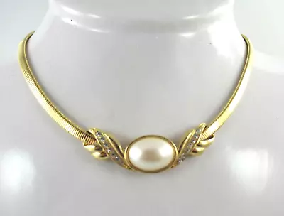 Signed Monet Gold Tone W/ Imitation Pearl And  White Rhinestone Pendant Necklace • $29