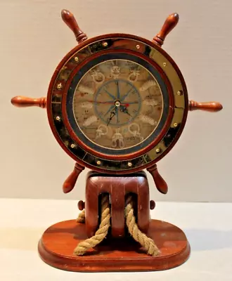 Nautical Ships Wheel MANTLE CLOCK Wood Block &Tackle Brass Plate 13 T X 11 W • $32.88