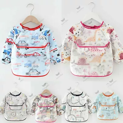 LONG SLEEVE Bibs Waterproof Coverall Apron For Feeding Wipe Clean Baby Bibs • £3.69