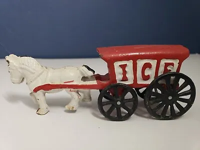 Vintage Red Cast Iron White Draft Horse Drawn Toy Ice Cart - 7  Long • $8.39