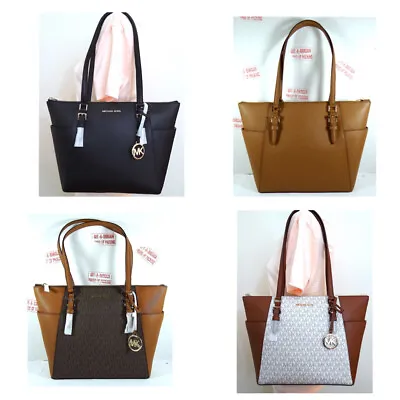 Michael Kors Charlotte East West Top Zip MK Signature Brown Black Vanilla Tote • $99.98