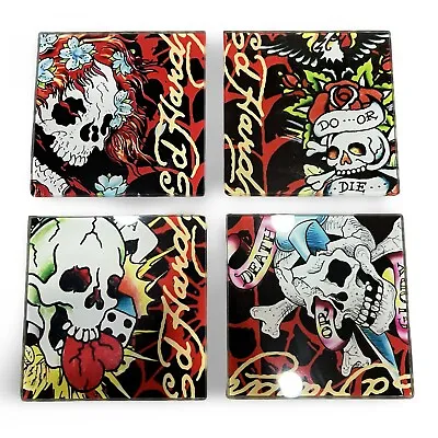 Ed Hardy Skulls Day Of The Dead Glass Coaster Set Art Glass Set Of 4 • $9.95