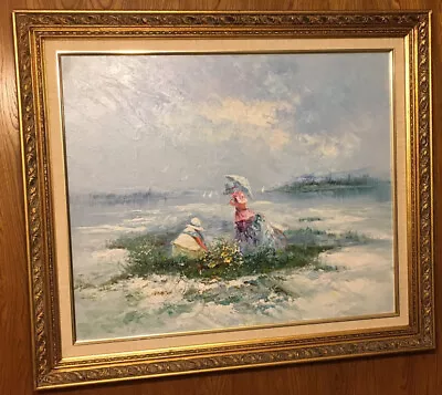 Vintage Framed Signed Oil On Canvas - Lady W/ Parasol By The Sea • $279.26