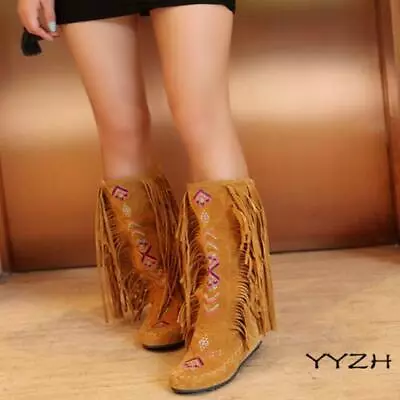 Winter Retro Womens Embroider Tassle Hidden Wedge Moccasin Knee High Boots Shoes • $93.80