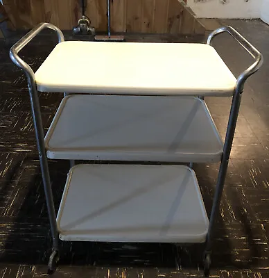 $119.99 • Buy Vintage Mid Century Modern White Cosco Rolling 3 Tier Kitchen Utility / Bar Cart