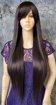 Extra Long Layered Flat Straight Heat Safe Human Hair Blend Wig Dark Brown EVBA • $69.85