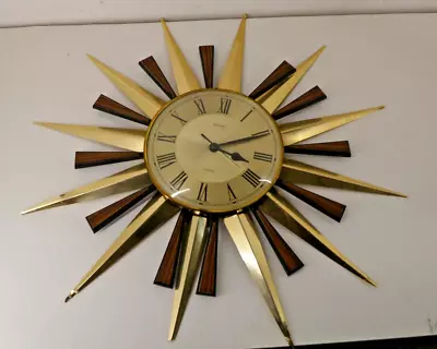£50 • Buy Vintage Metamec Sunburst/Starburst 1960s Gold Wooden Clock - G10