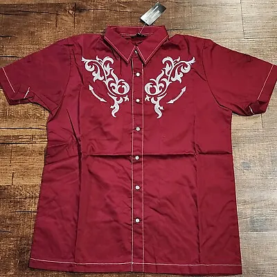 LIFE WAY Pearl Snap Embroidered Western Shirt Short Sleeve Red & Silver MENS Med • $19.99