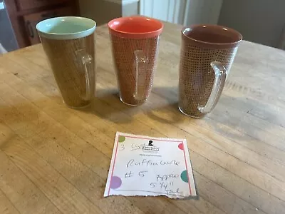 3 VTG Raffiaware Coffee Mugs Thermal Insulated Burlap 5 1/4”  MCM Lot# 5 • $31