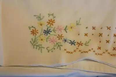 Vintage Pair Of Cotton Pillowcases With Pastel Embroidered Flowers 20 1/4  X 27  • $9.99