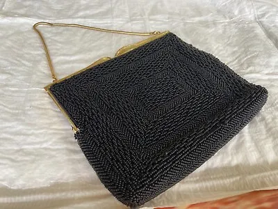 Vintage Black Beaded Evening Bag Hong Kong With Gold Handle Circa 1950 • $14.99