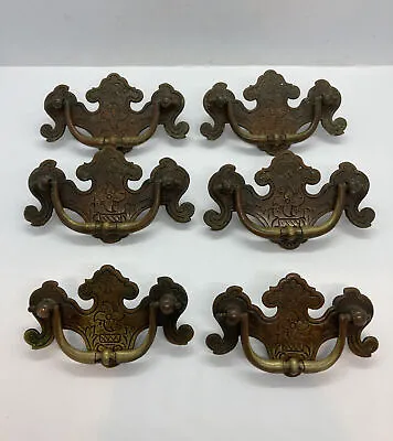 Victorian Engraved Heavy Bronze Brass Set Of 6 Drawer Pulls 2 Different Sizes • $30.81