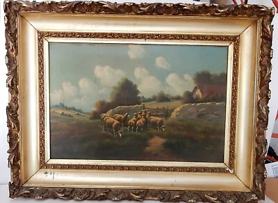 Still Life Large Antique Oil Painting On Canvas Sheep Landscape Boston Mass. • $1136