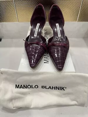 Manolo Blahnik Plum Purple Alligator Shoes Kitten Heels Size 36.5 / 6.5 • $79.99