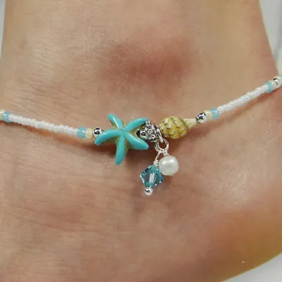 Women Silver Starfish Barefoot Anklet Tassel Ankle Bracelet Leather Chain • £26.28