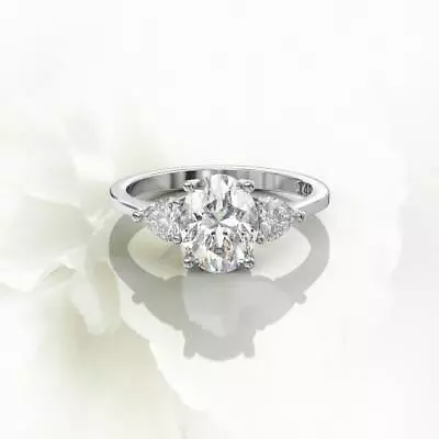 2ct Oval 3 Stone Diamond Engagement Ring 0.50 Ct 2 Heart 14k Hallmark White Gold • $320