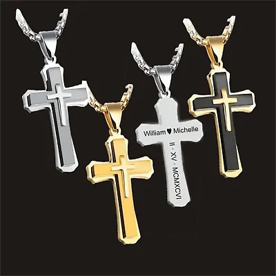 Custom Engraved Men Cross Necklace  Personalized Cross Necklace Men-3 Layers • $21.99