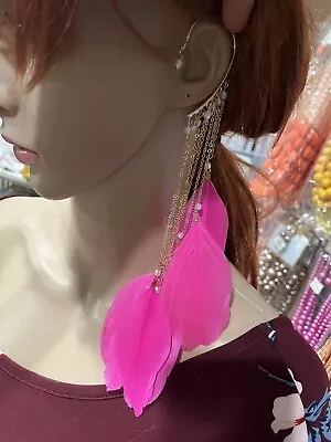 $13 • Buy Hot Pink Feather Ear Cuff No Piercing , Feather Ear Cuff , Earring One Piece