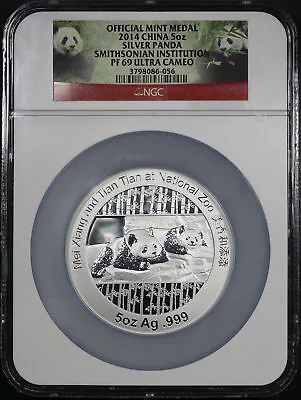 2014 China Silver Panda Smithsonian Institution Mint Medal 5 Oz NGC PF-69 UC • $279
