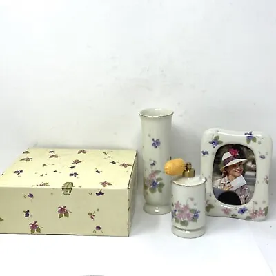 Vintage Porcelain Floral Vanity Set Vase Perfume & Picture Frame W/Box Japan • $25.20
