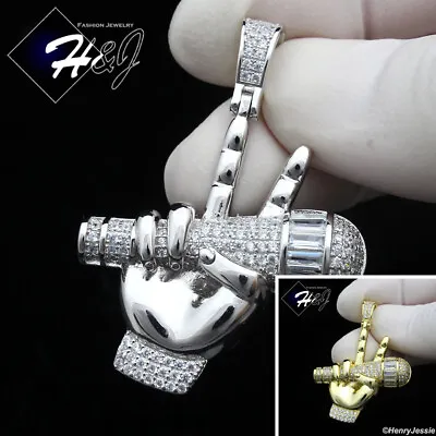 925 Sterling Silver Icy Bling Cz Gold Plated/silver Microphone Hand Pendant*p408 • $43.99