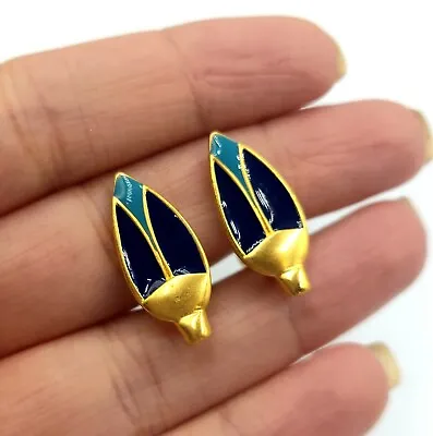 $36 • Buy Ben Amun Brushed Gold Blue Enamel Egyptian Revival Scarab Vintage Earrings