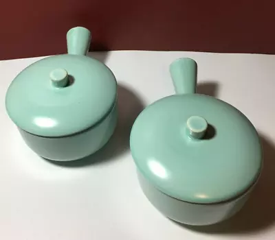 SET OF 2 VINTAGE La Solana USA ~ TURQUOISE BLUE SOUP POT BOWLS HANDLES & LIDS • $25.99