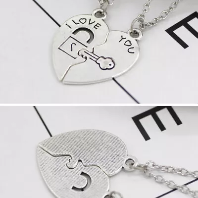 Split Heart Couple Necklace - Lock Key Matching Puzzle Jewelry Gift • $8.98