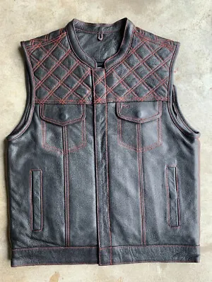 Men's Red Diamond Stitch Black Leather Vest  Size 4XL 6671.01 • $169.95