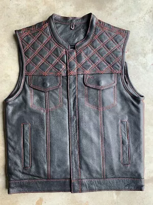 Men's Red Diamond Stitch Black Leather Vest  Size XL 6671.01 • $159.95