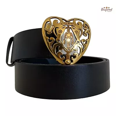 Authentic Gucci Black Calfskin Leather Gold Hysteria Heart Buckle Belt 90/36 • $335