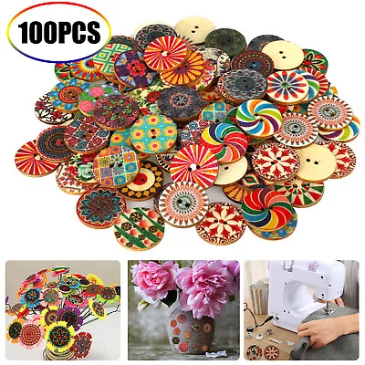 Lot Of 100 Wooden Art Buttons 25mm 2 Hole Mixed Color Vintage DIY Sewing Crafts • $8.98