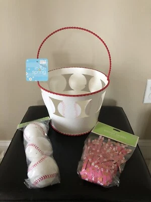 $12.98 • Buy LOT NEW Easter BASEBALL Metal Basket, 3  Sealed Baseball Eggs, Sports Grass 2007