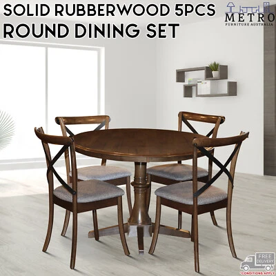 $399 • Buy New Rubberwood Round Dining Table Set With Fabric Dining Chairs