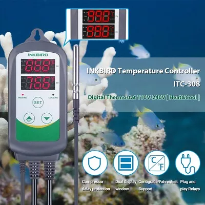 $26.35 • Buy INKBIRD Heating Cooling Thermostat Temperature Control 1100W Delay Protection CF