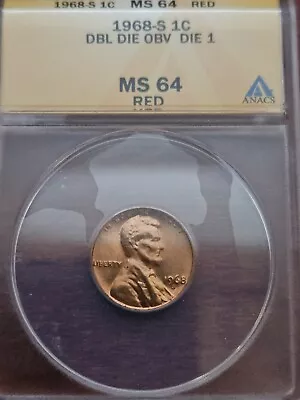 1968 S 1C MS64RD ANACS DDO DIE 1 Cent • $50