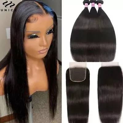 UNice Hair Mongolian Straight 3 Bundles Human Hair Weaves With Lace Closure Weft • $238.77