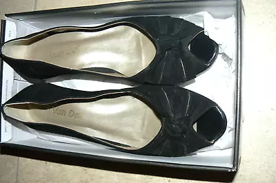 Van Dal 'florida' 6d Black Suede Peep Toe Shoes Wedge Patent Heels New In Box • £19.99