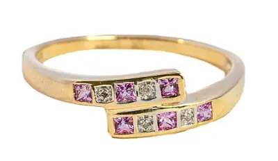 9ct Yellow Gold Ring With Synthetic Pink Sapphires And Diamonds • $290