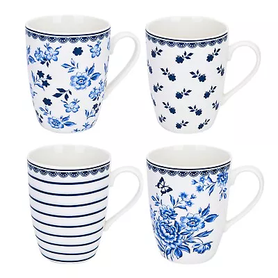 SET OF 4 Blue White Porcelain MUGS Floral Bone China Mismatched Coffee Mugs 12oz • $20.97