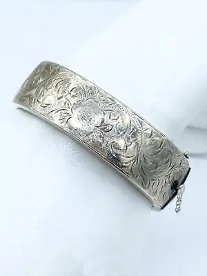 Vntg Wide Silver Hinged Bangle Bracelet W/ Etched Floral Motif English Hallmarks • $150