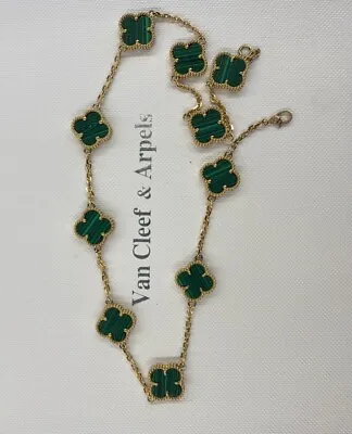 Van Cleef & Arpels Vintage Alhambra 10 Motifs Malachite Yellow Gold Necklace • $7200