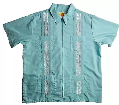 HABAND Guayabera Shirt Mens L Blue Full Zip Short Sleeve Embroidered Pockets • $17.09