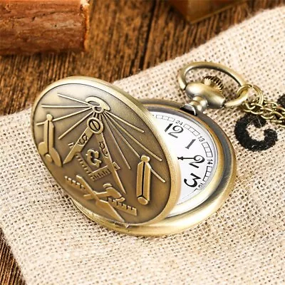 Men Women Freemasonry Theme Quartz Pocket Watch Mason Bronze Style Xmas Gifts • $4.74