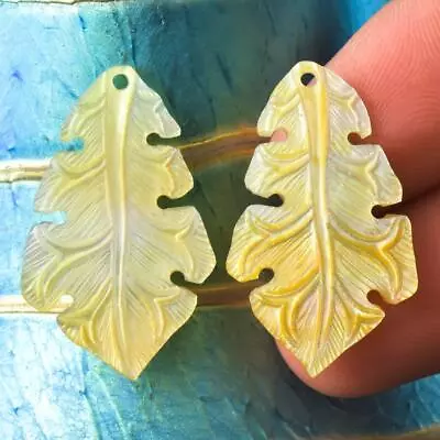 Golden Mother-of-Pearl Shell Carving Oak Tree Leaf Earring Pair Handmade 2.93 G • $24