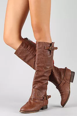 $14.99 • Buy Tan Brown Faux Leather Zipper Buckle Riding Knee High Boot Breckelles Outlaw-81