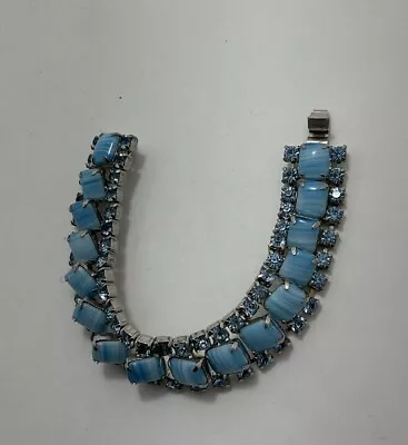 Vintage Blue Moonstone Glass & Rhinestone Bracelet Silver Tone Jewelry • $24.99