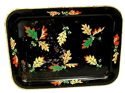 Vintage Decorative Metal Serving Tray 18 X 13 Black With Autumn Oak Leaves • $14.95